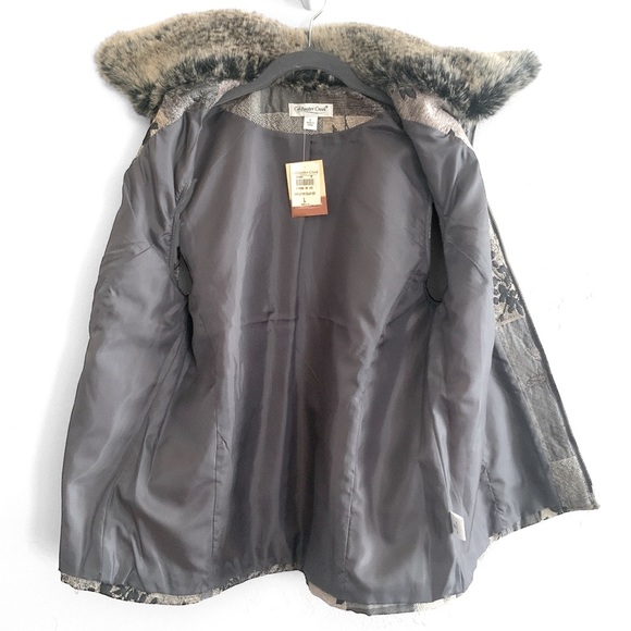 Coldwater Creek Tapestry Patchwork Gray Vest Removable Faux Fur Collar Large NWT - Picture 7 of 13